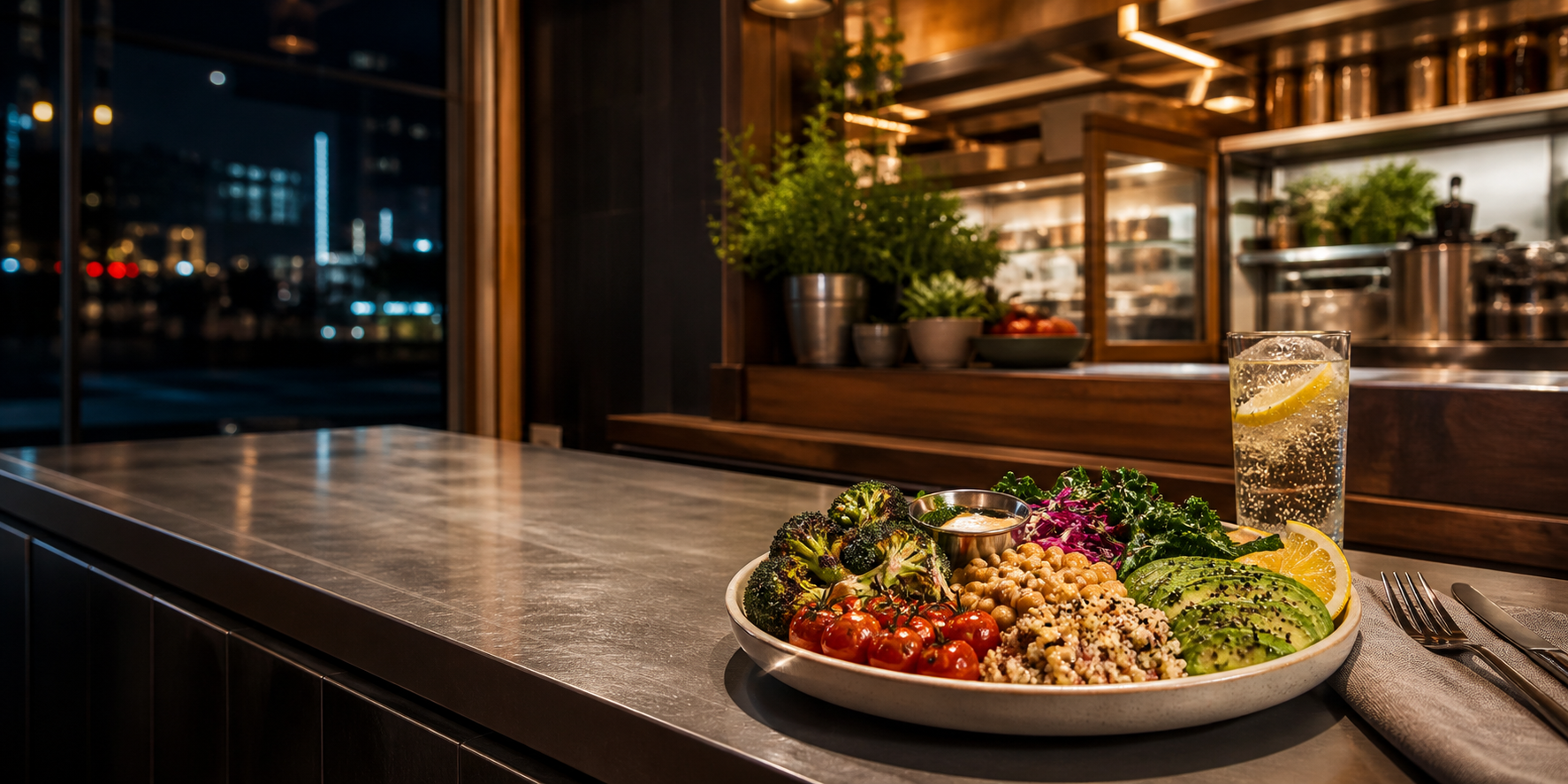 A late-night vegan diner counter with a plated plant-based dinner.